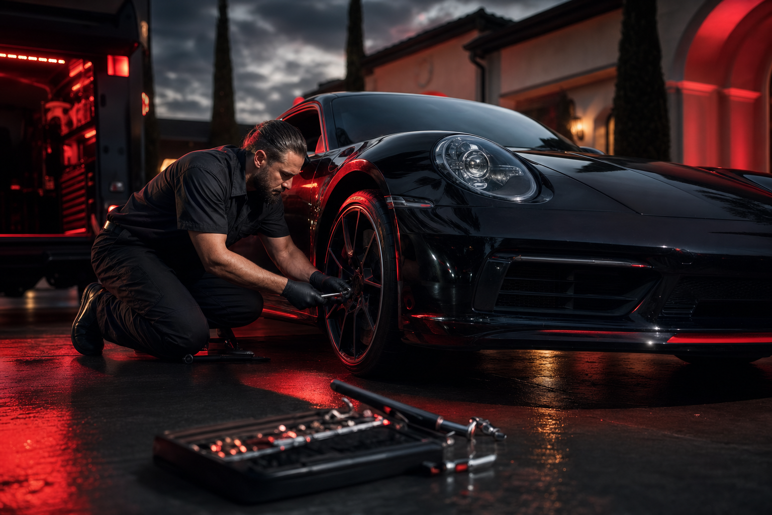 ASE-certified mobile mechanic servicing a luxury car in a driveway at dusk