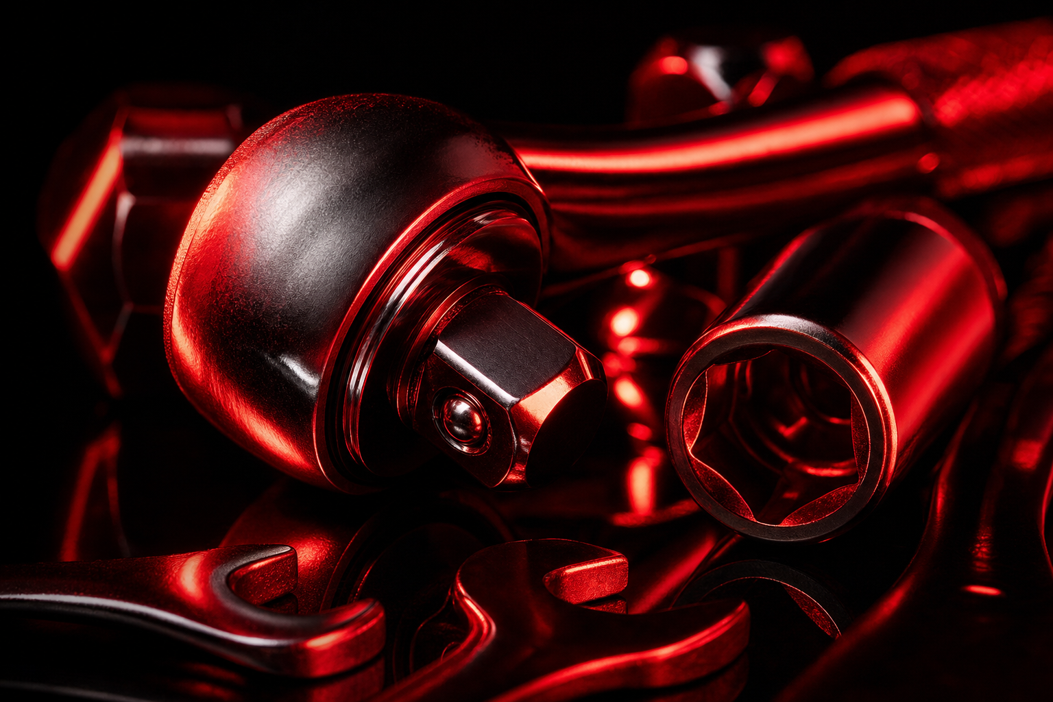 Premium chrome mechanic tools under dramatic red lighting
